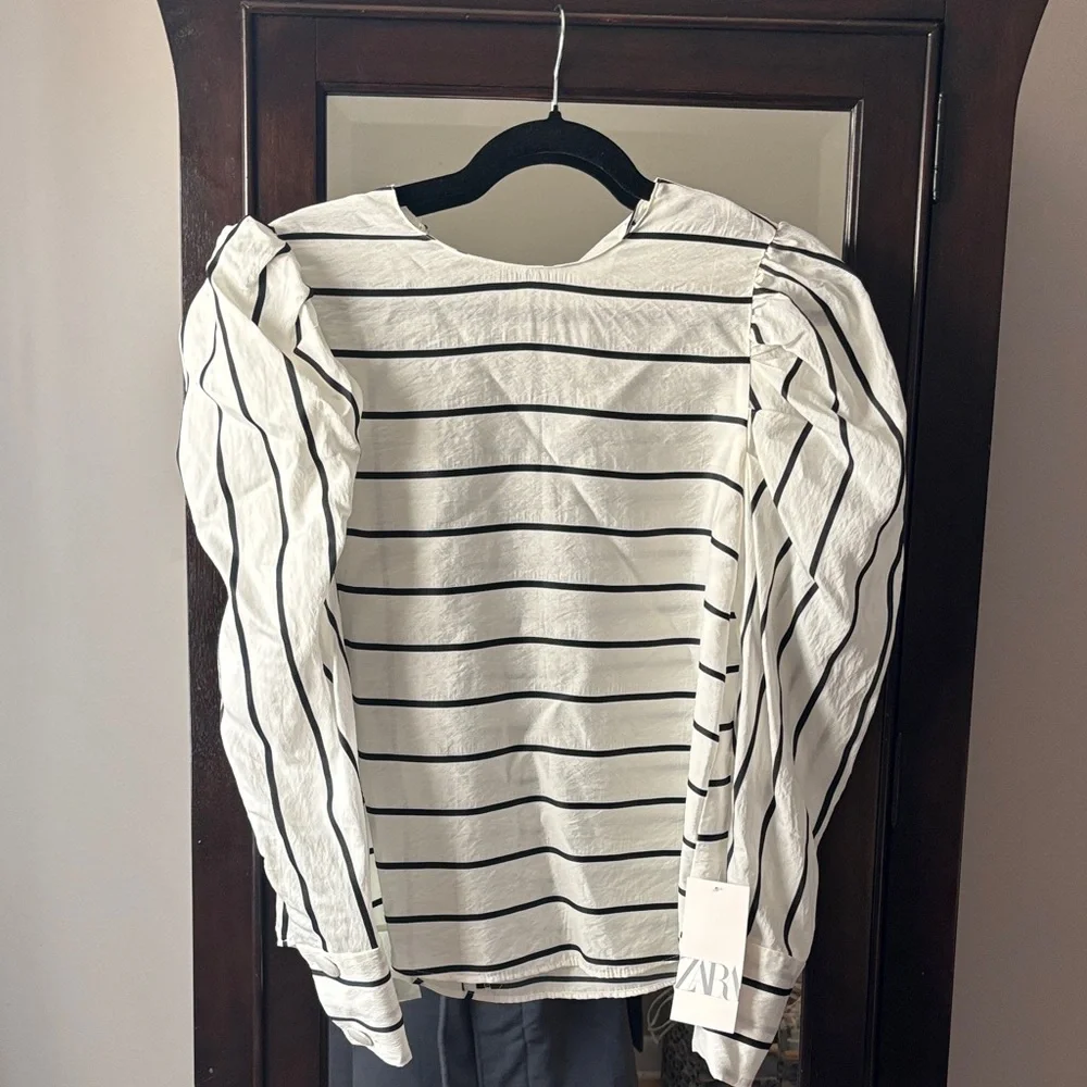 Zara White Top with Black Stripes and Puff Sleeves